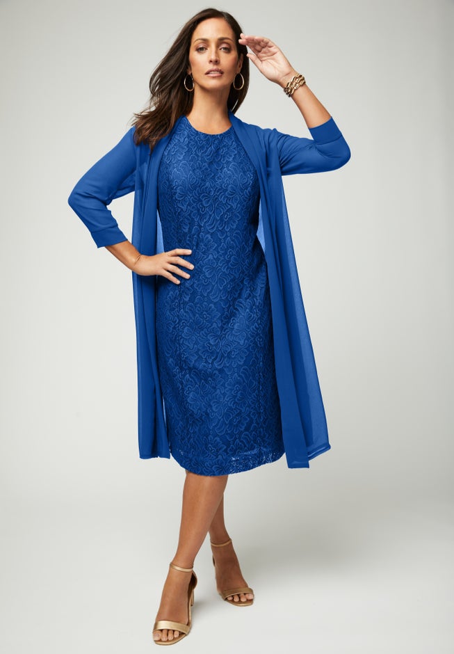Fashionable 2-Piece Lace Jacket Dress, Dark Sapphire | Roaman's Fashionable 2-Piece Lace Jacket Dress, Dark Sapphire | Roaman's