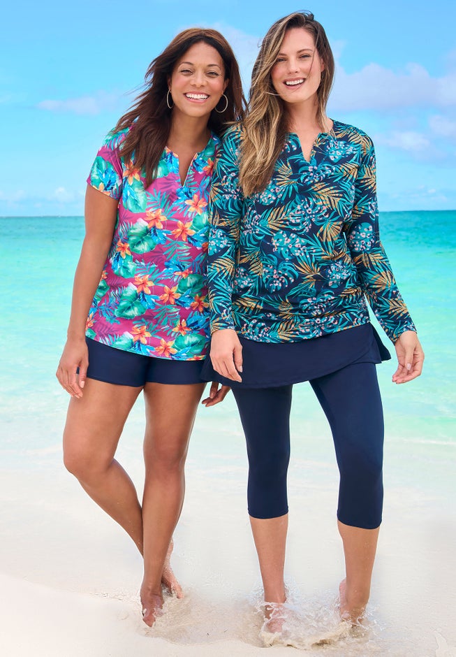 Split-Neck Long Sleeve Swim Tee with Built-In Bra image number 4