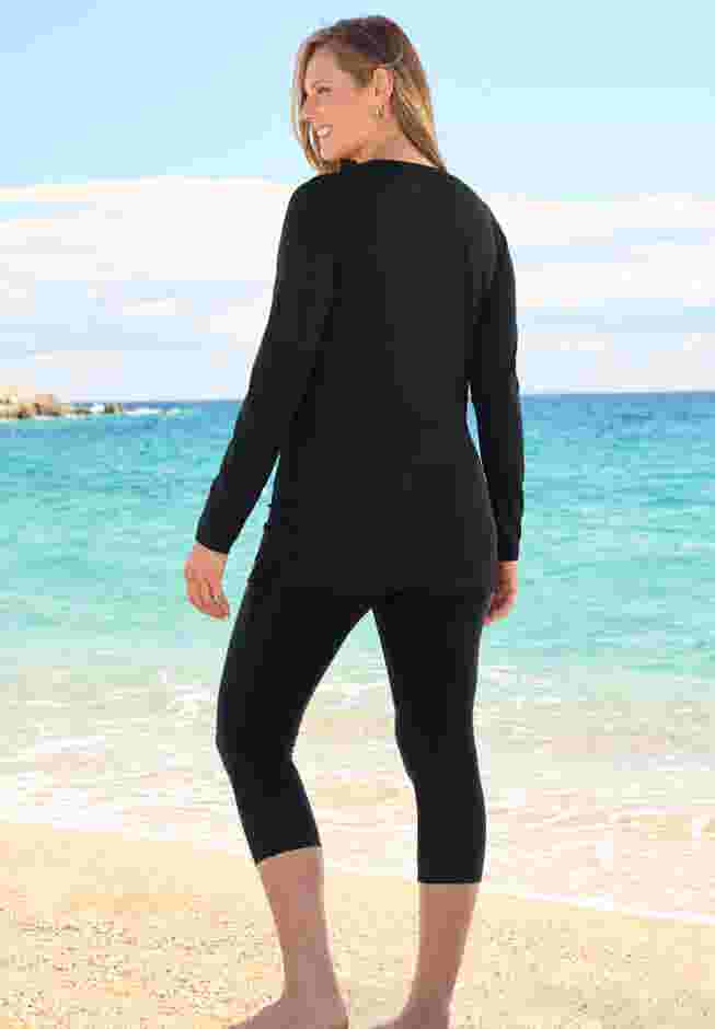 Split-Neck Long Sleeve Swim Tee with Built-In Bra image number 1