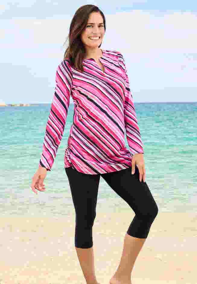 Split-Neck Long Sleeve Swim Tee with Built-In Bra image number 0