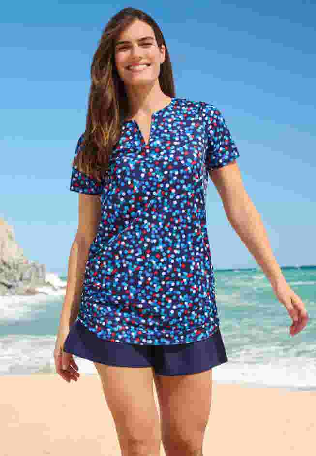 Split-Neck Short Sleeve Swim Tee with Built-In Bra image number 0