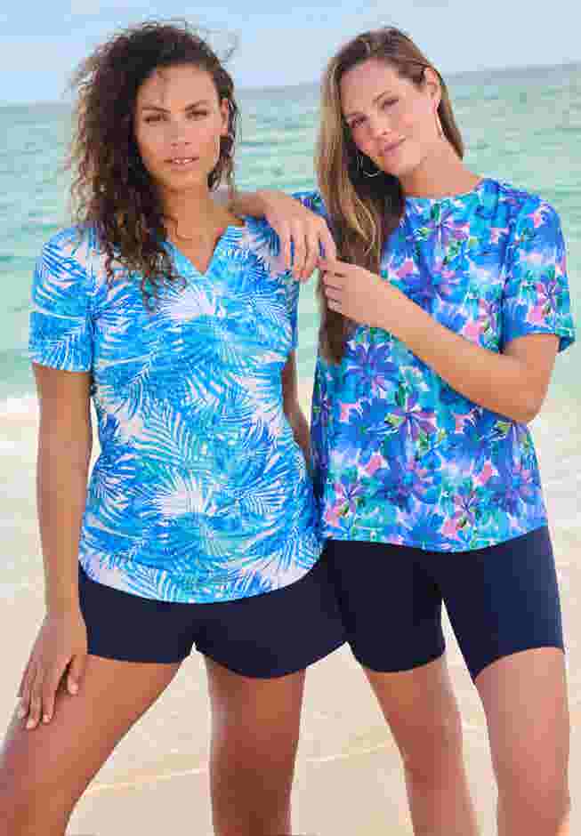 Split-Neck Short Sleeve Swim Tee with Built-In Bra image number 4