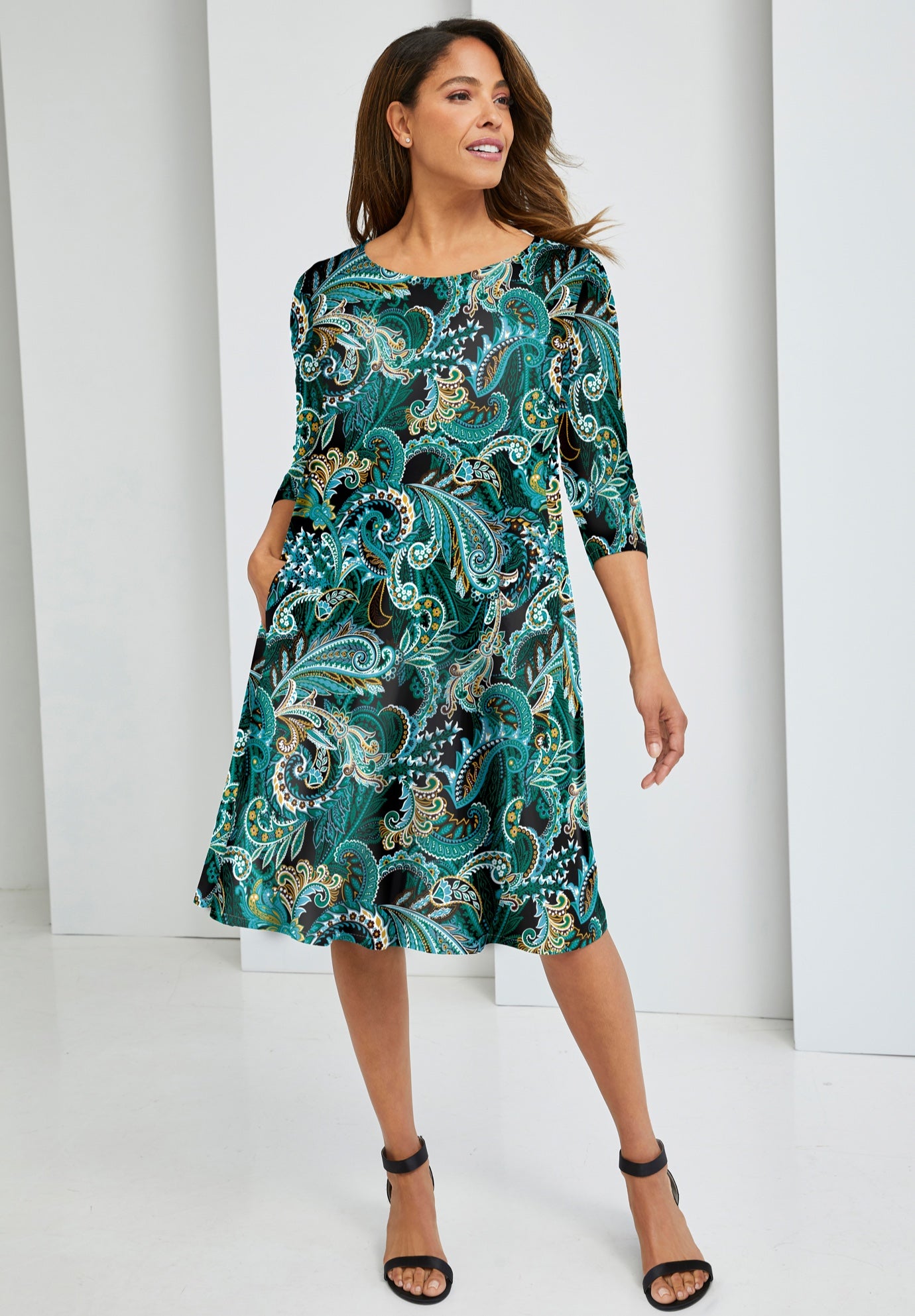 Stretch Knit Three-Quarter Sleeve T-shirt Dress image number 0