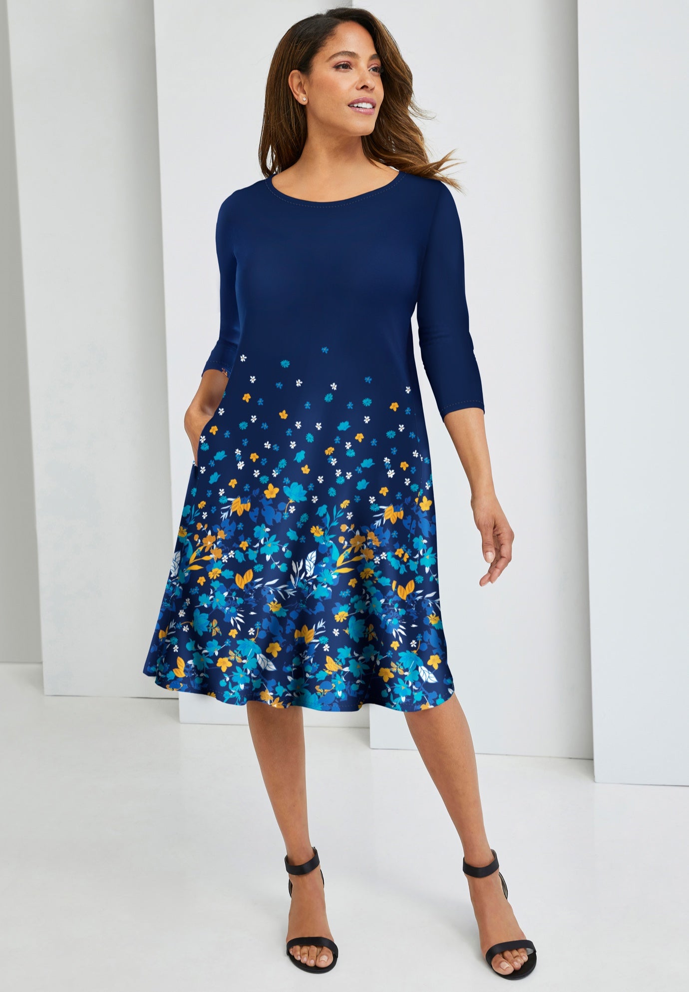 Stretch Knit Three-Quarter Sleeve T-shirt Dress image number 0