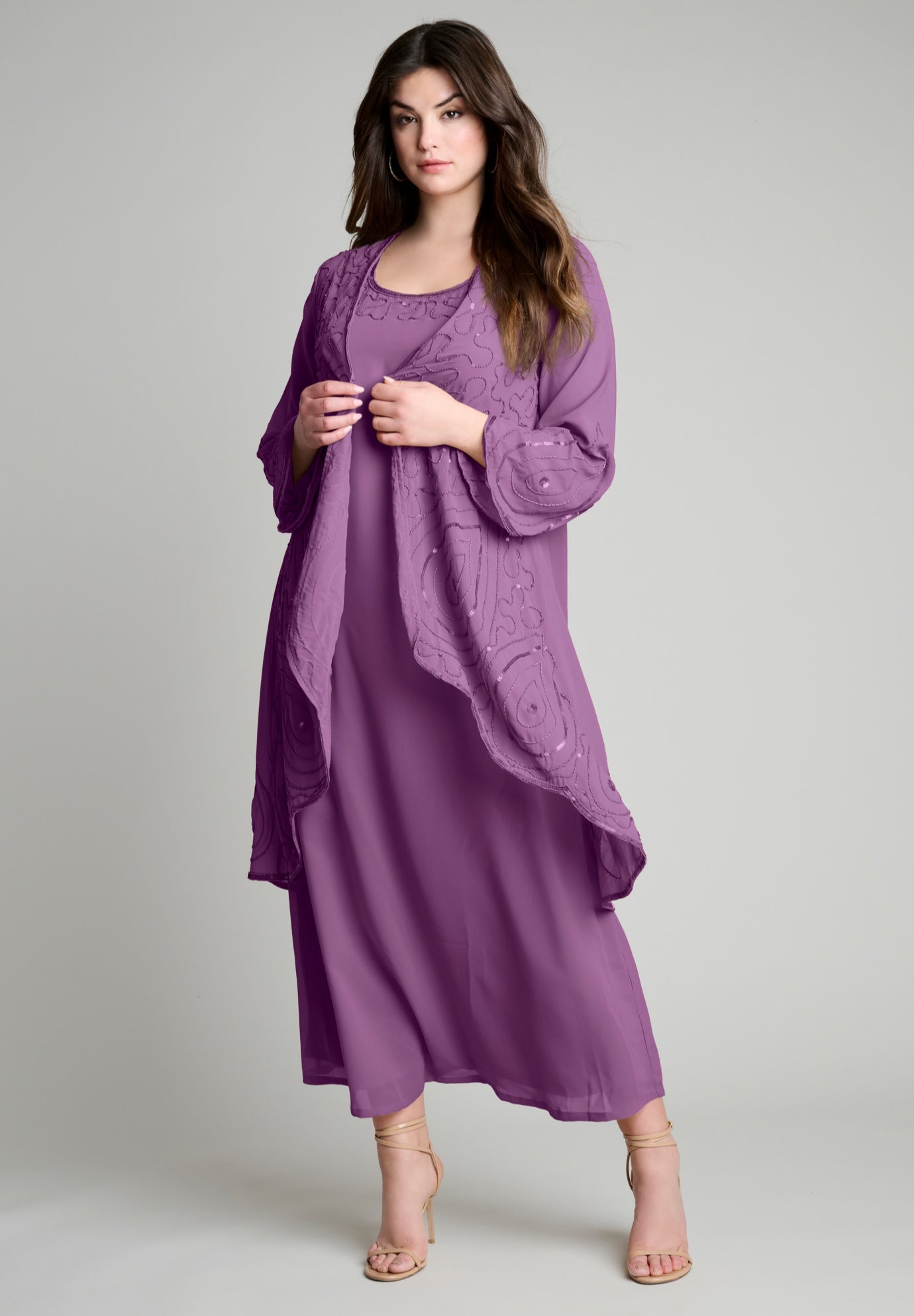 Plus-Size 2 piece Long Sleeve Beaded Georgette Gown Set with Detachable Jacket image number 0