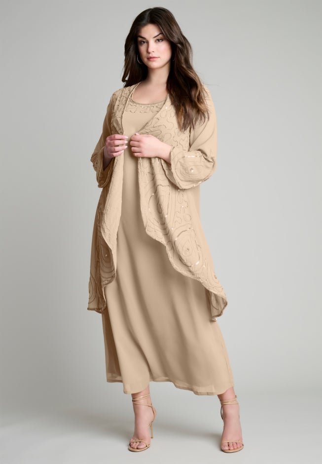 Plus-Size 2 piece Long Sleeve Beaded Georgette Gown Set with Detachable Jacket image number 0