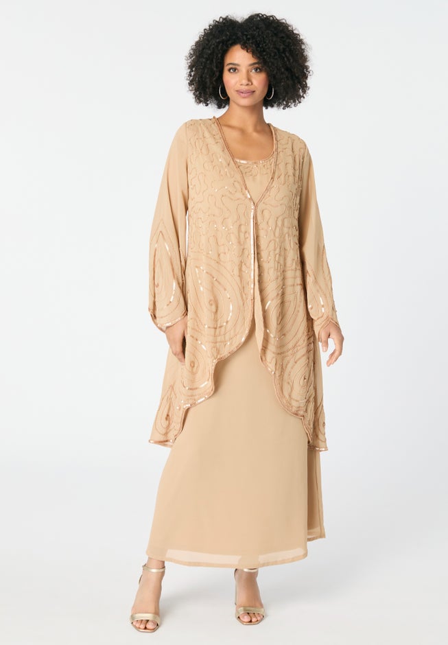 Plus-Size 2 piece Long Sleeve Beaded Georgette Gown Set with Detachable Jacket image number 1