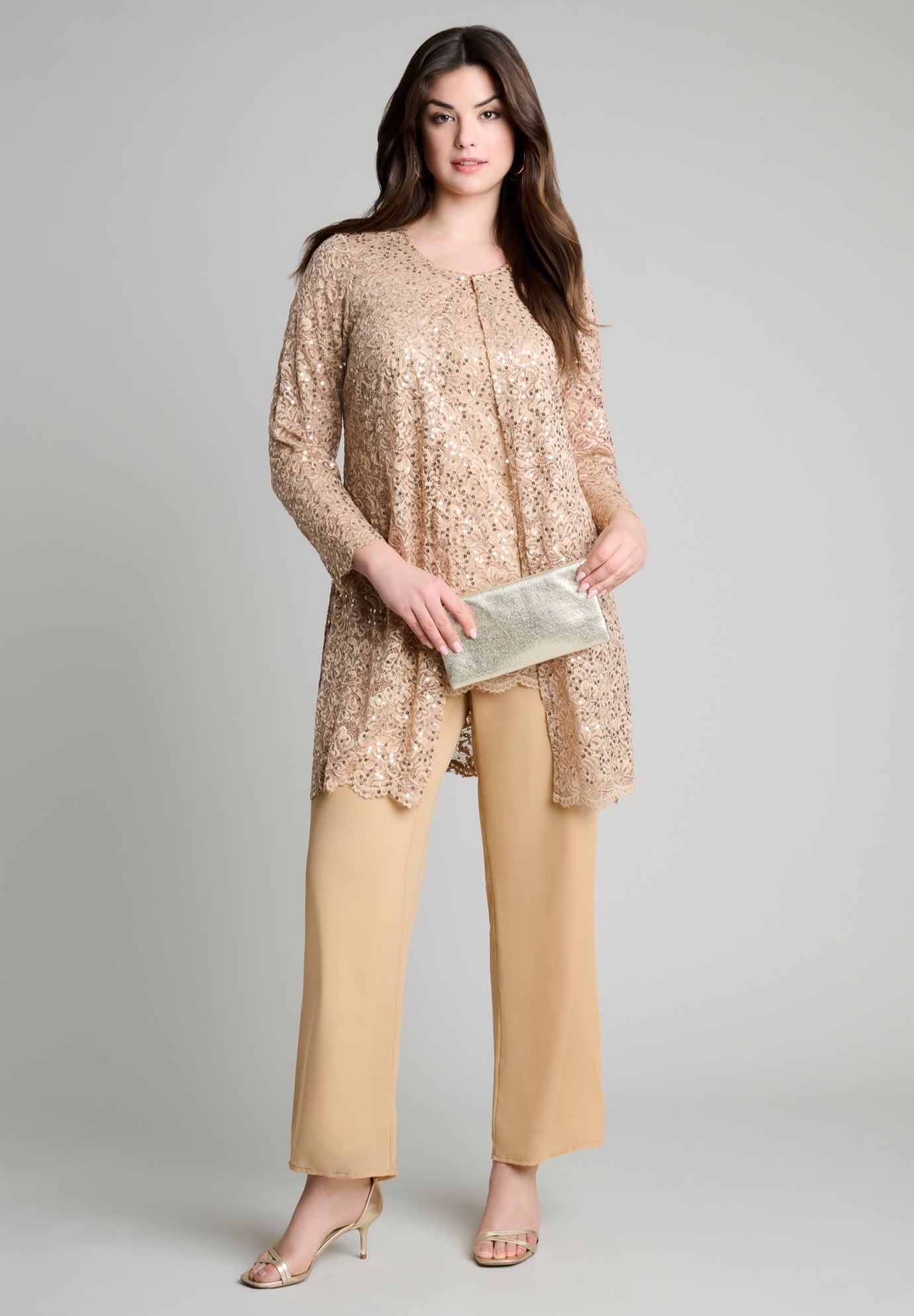 Plus-Size 3 Piece Allover Sequin Lace Jacket and Tank Pant Set image number 4