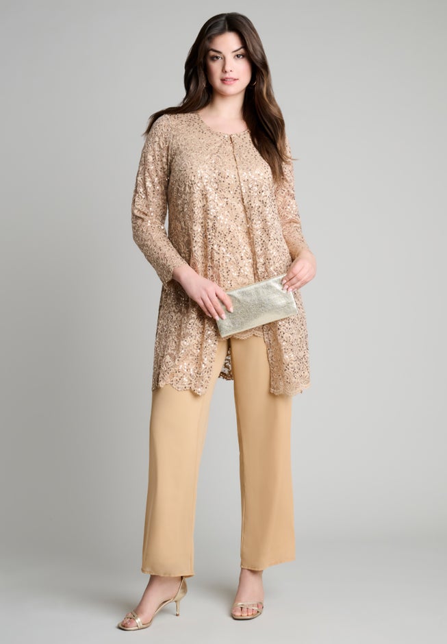 Plus-Size 3 Piece Allover Sequin Lace Jacket and Tank Pant Set image number 4