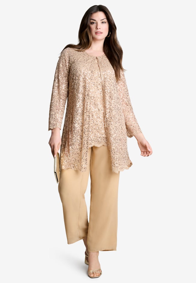 Plus-Size 3 Piece Allover Sequin Lace Jacket and Tank Pant Set image number 5