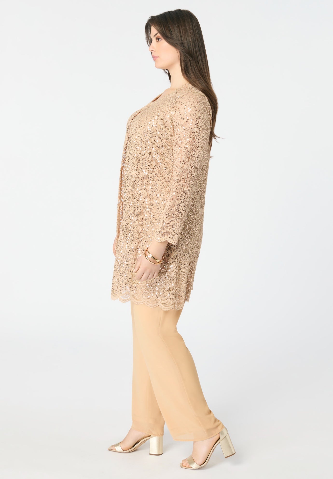 Plus-Size 3 Piece Allover Sequin Lace Jacket and Tank Pant Set image number 6