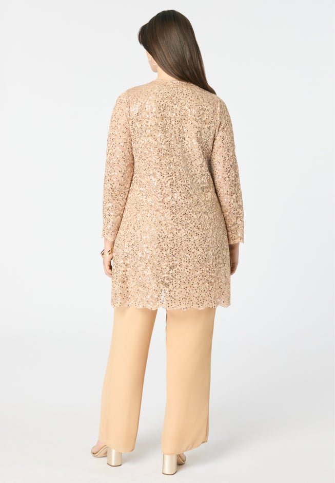 Plus-Size 3 Piece Allover Sequin Lace Jacket and Tank Pant Set image number 7