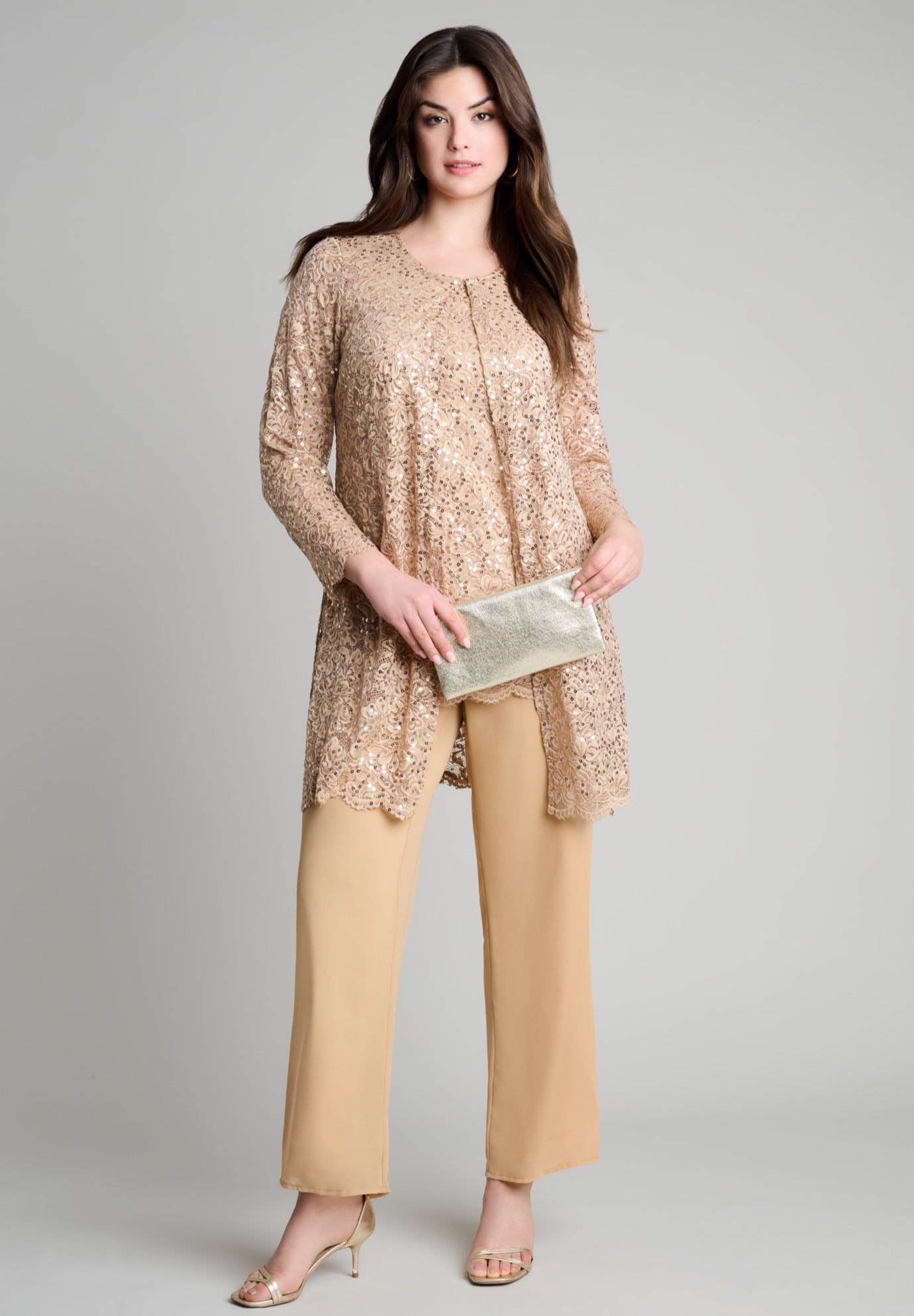 Plus-Size 3 Piece Allover Sequin Lace Jacket and Tank Pant Set image number 0