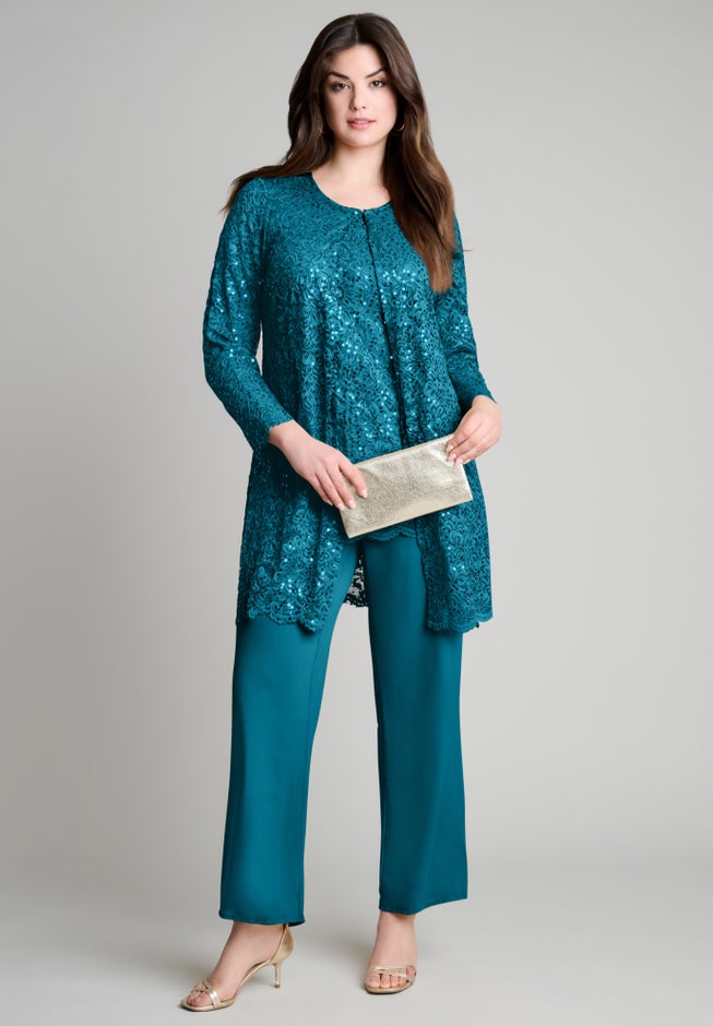 Plus-Size 3 Piece Allover Sequin Lace Jacket and Tank Pant Set image number 0