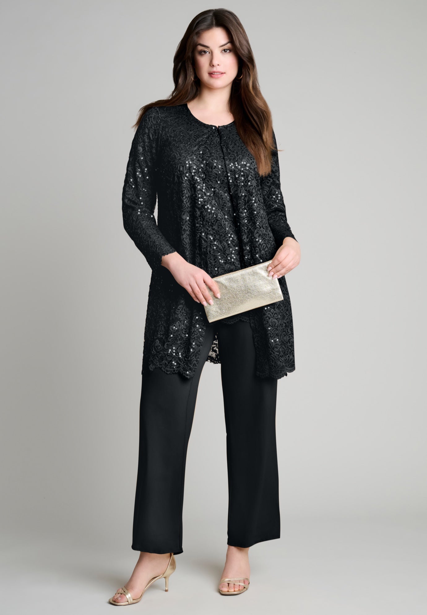 Plus-Size 3 Piece Allover Sequin Lace Jacket and Tank Pant Set image number 0