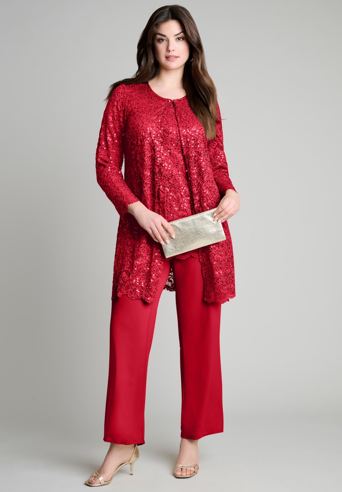 Plus-Size 3 Piece Allover Sequin Lace Jacket and Tank Pant Set image number 0