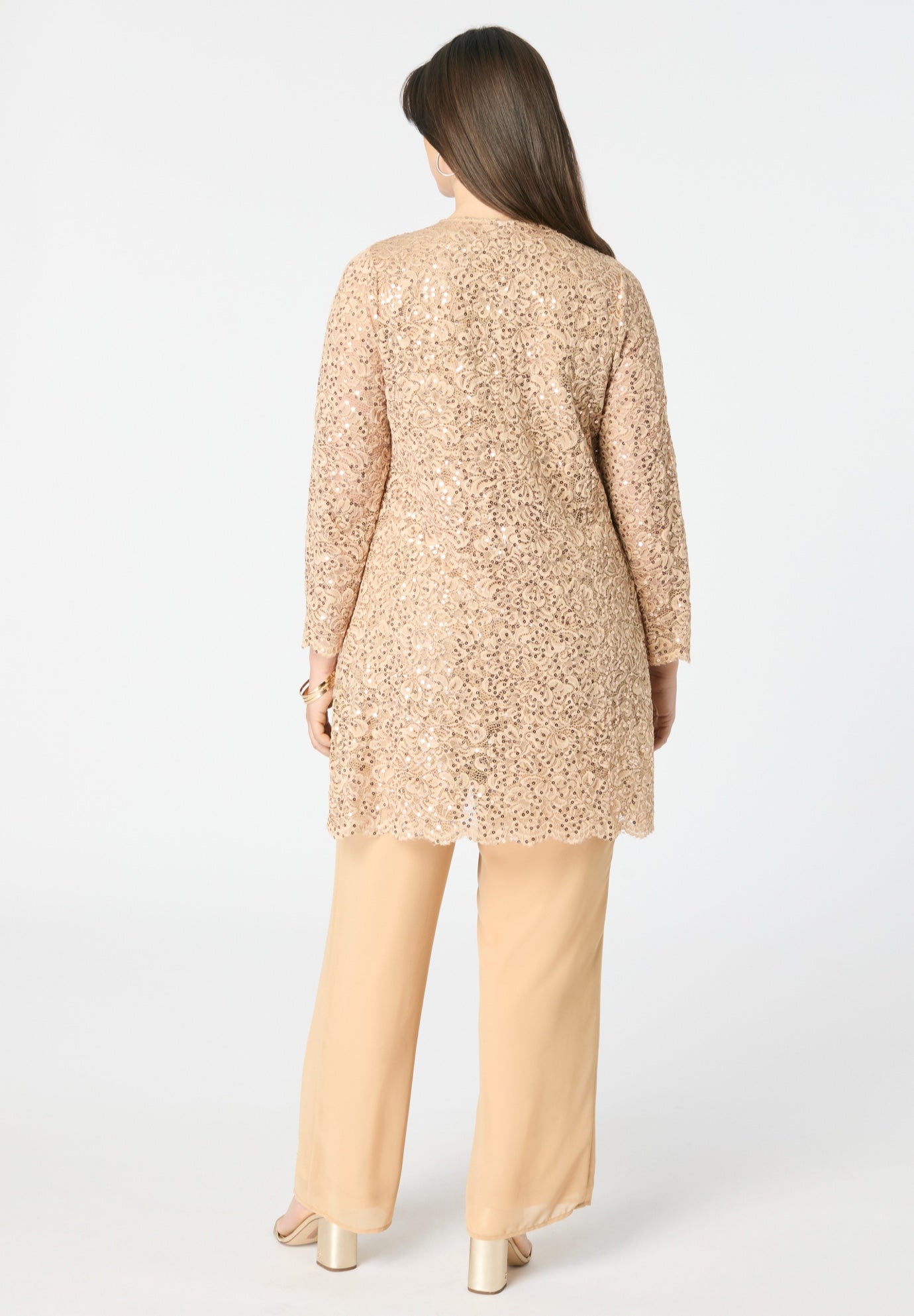 Plus-Size 3 Piece Allover Sequin Lace Jacket and Tank Pant Set image number 1