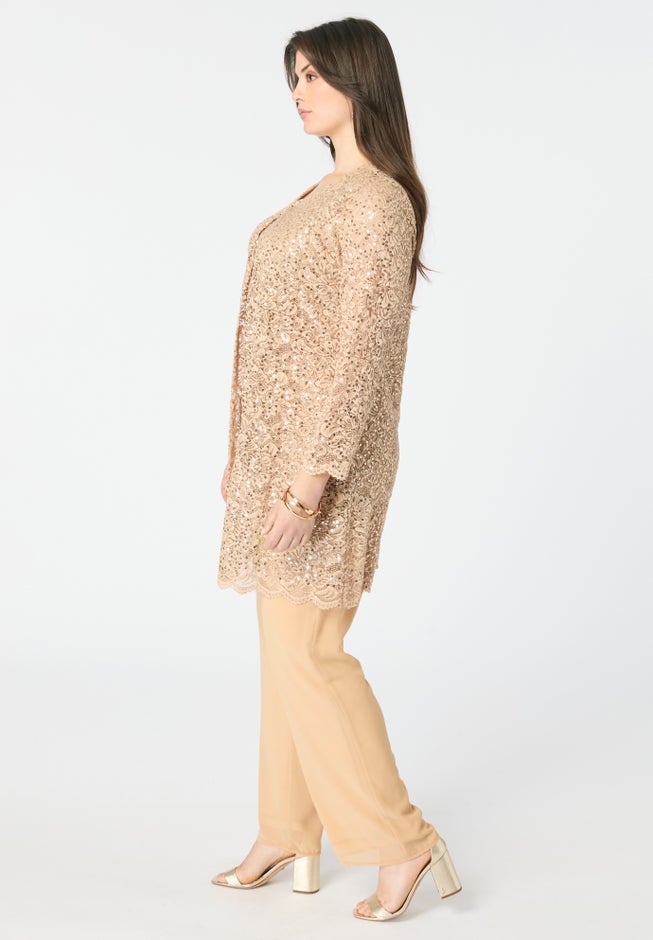 Plus-Size 3 Piece Allover Sequin Lace Jacket and Tank Pant Set image number 2