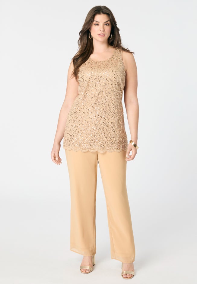Plus-Size 3 Piece Allover Sequin Lace Jacket and Tank Pant Set image number 3