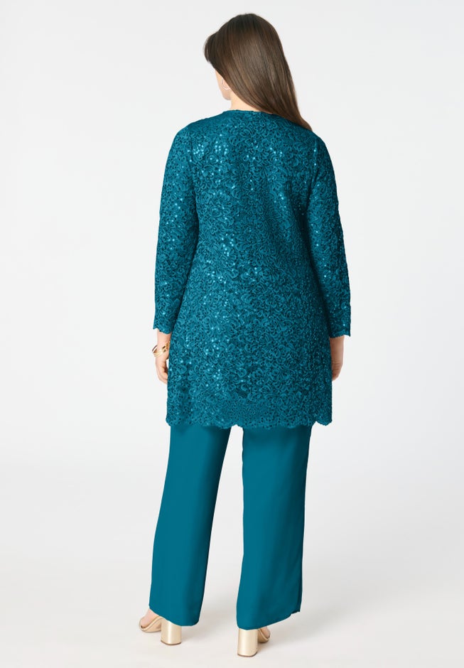 Plus-Size 3 Piece Allover Sequin Lace Jacket and Tank Pant Set image number 1