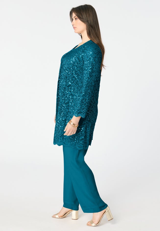 Plus-Size 3 Piece Allover Sequin Lace Jacket and Tank Pant Set image number 2