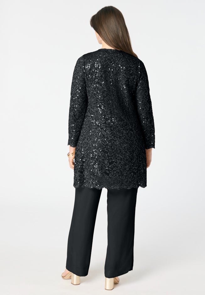 Plus-Size 3 Piece Allover Sequin Lace Jacket and Tank Pant Set image number 1