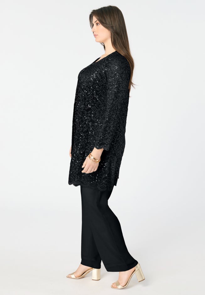 Plus-Size 3 Piece Allover Sequin Lace Jacket and Tank Pant Set image number 2