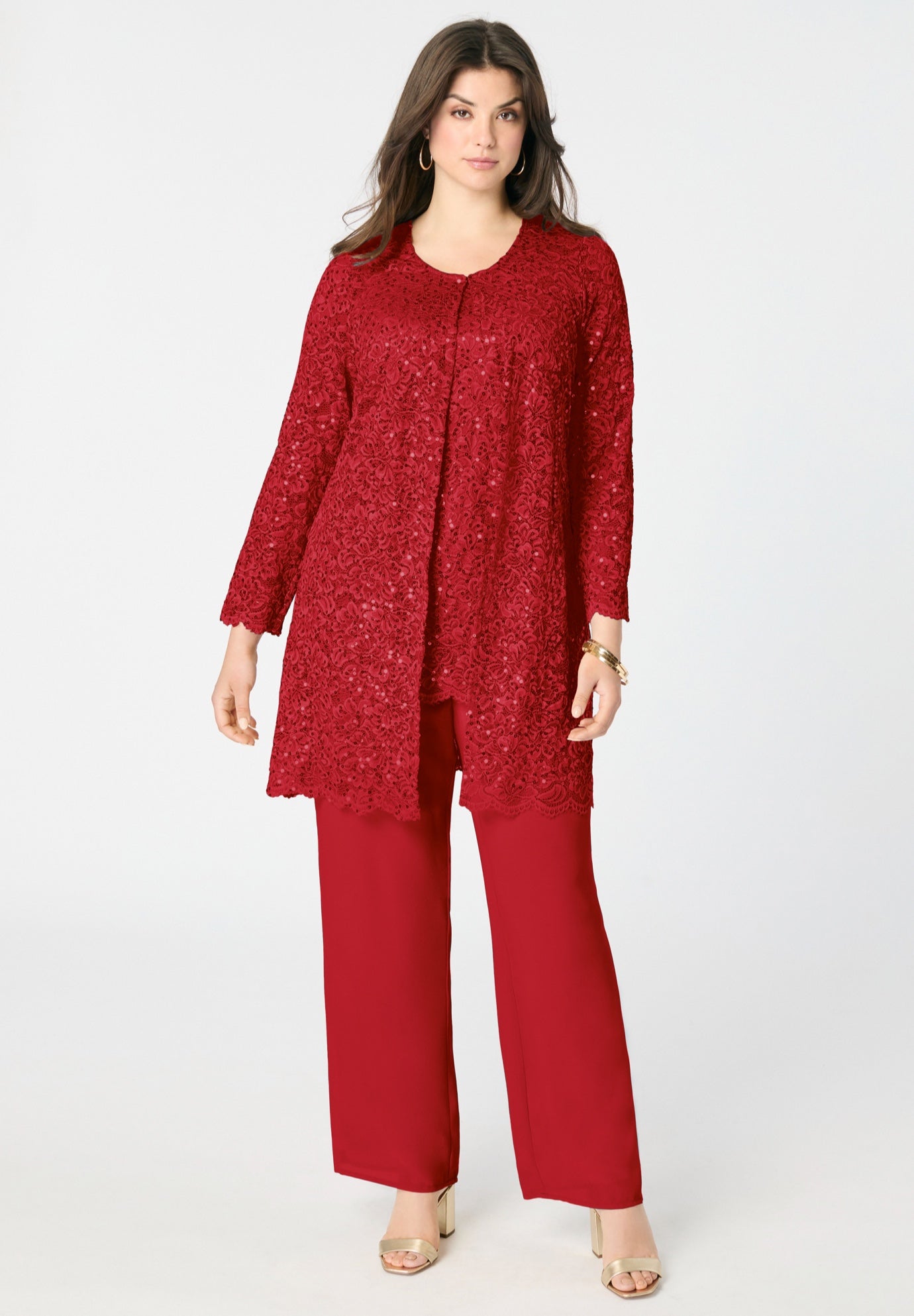 Plus-Size 3 Piece Allover Sequin Lace Jacket and Tank Pant Set image number 0