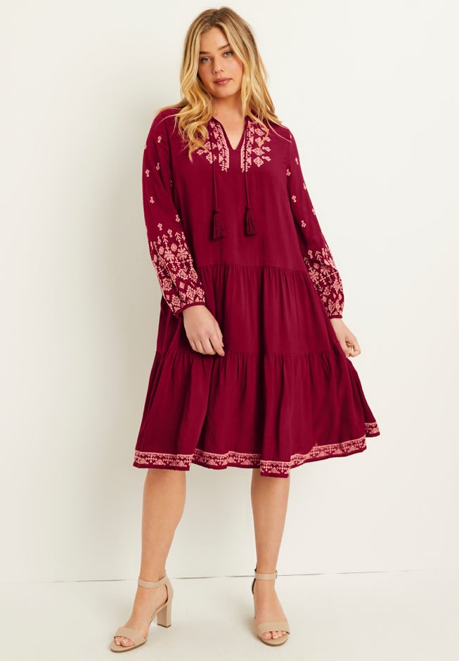 Fashionable Coraline Embroidered Peasant Dress, Skylight Blue Embroidery | Roaman's Fashionable Coraline Embroidered Peasant Dress, Skylight Blue Embroidery | Roaman's