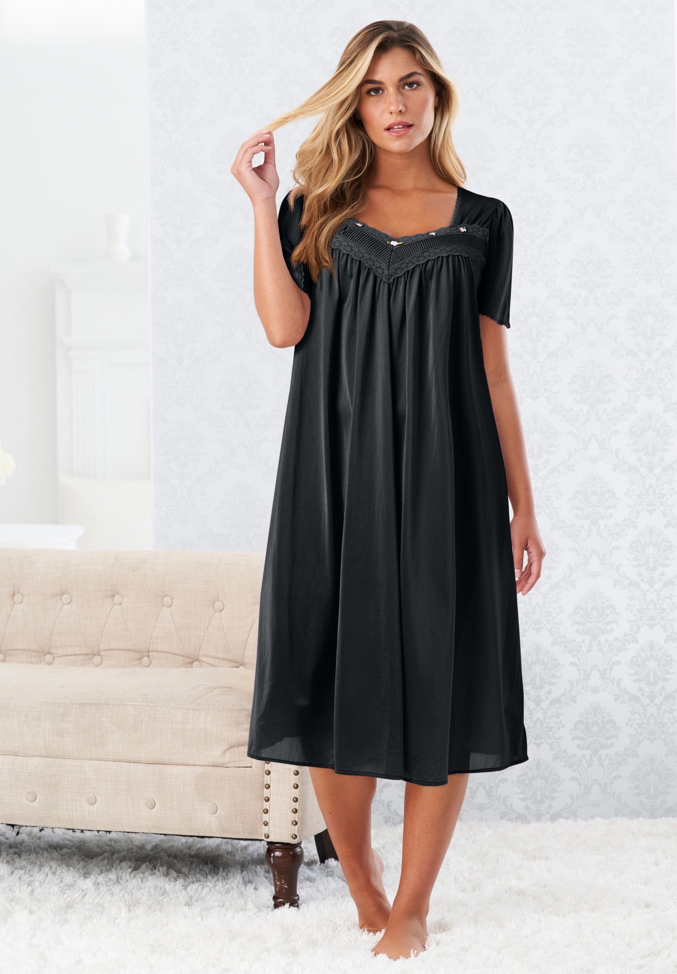 Short Silky Lace-Trim Gown image number 0
