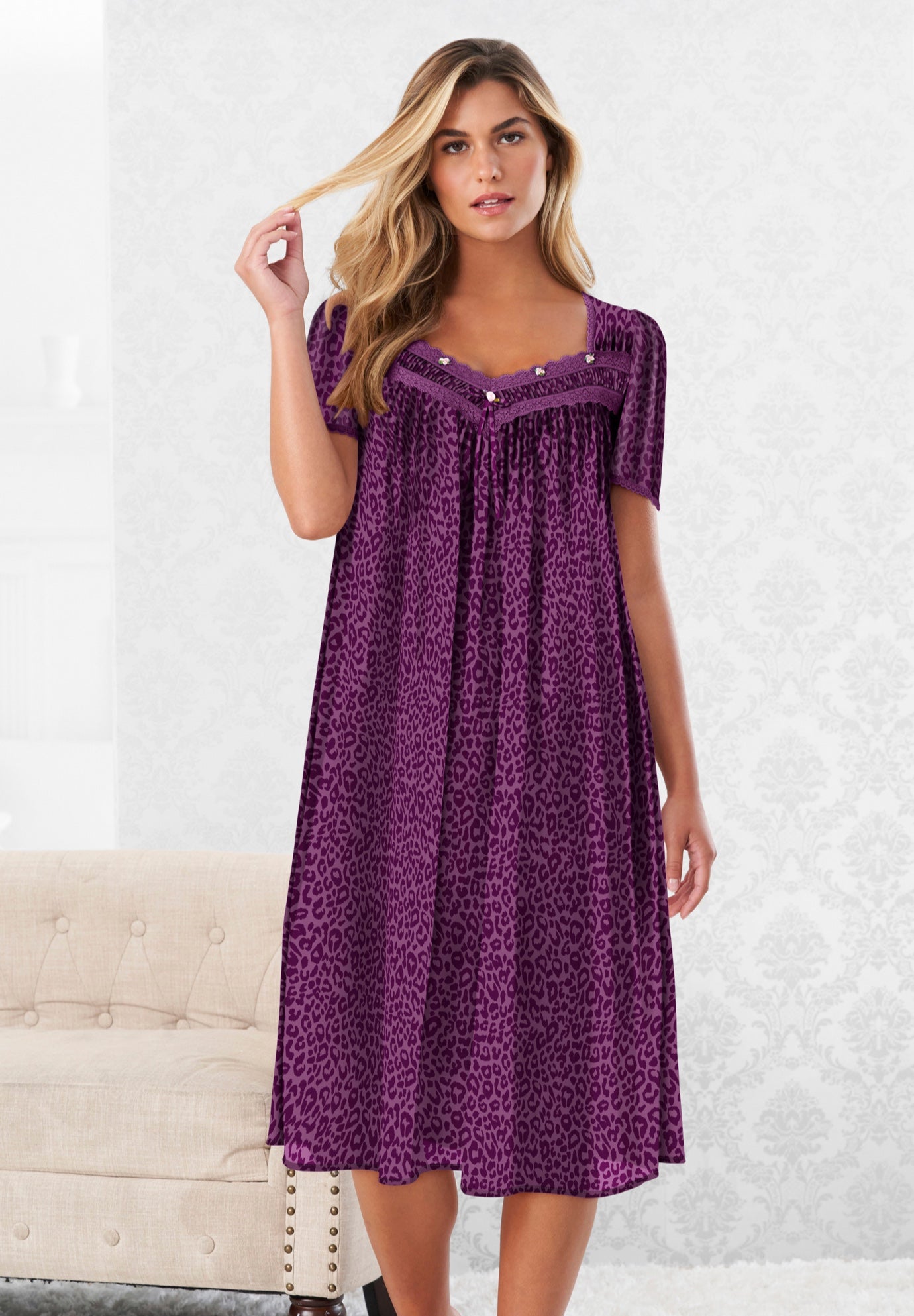 Short Silky Lace-Trim Gown image number 0