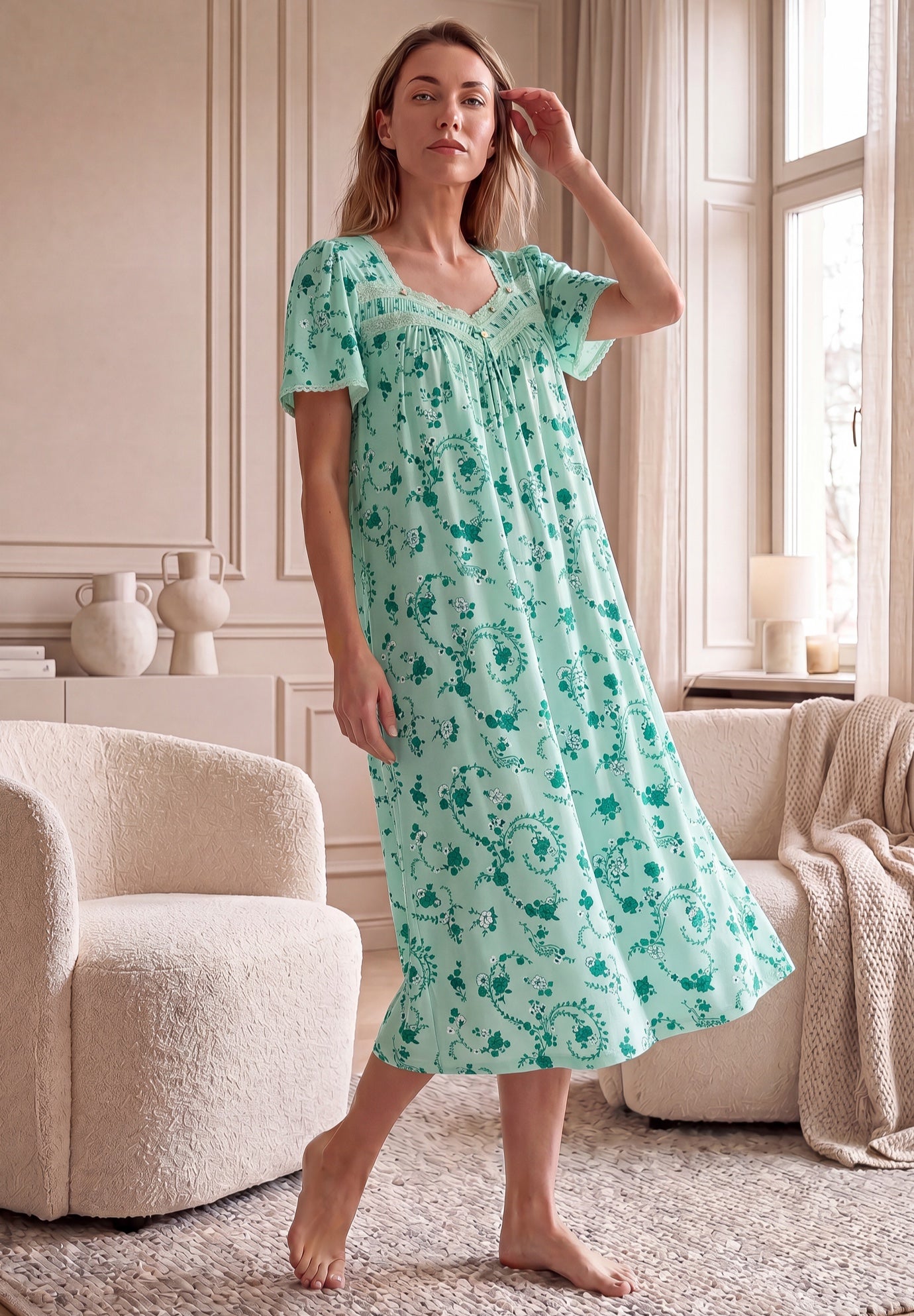 Short Silky Lace-Trim Gown image number 0