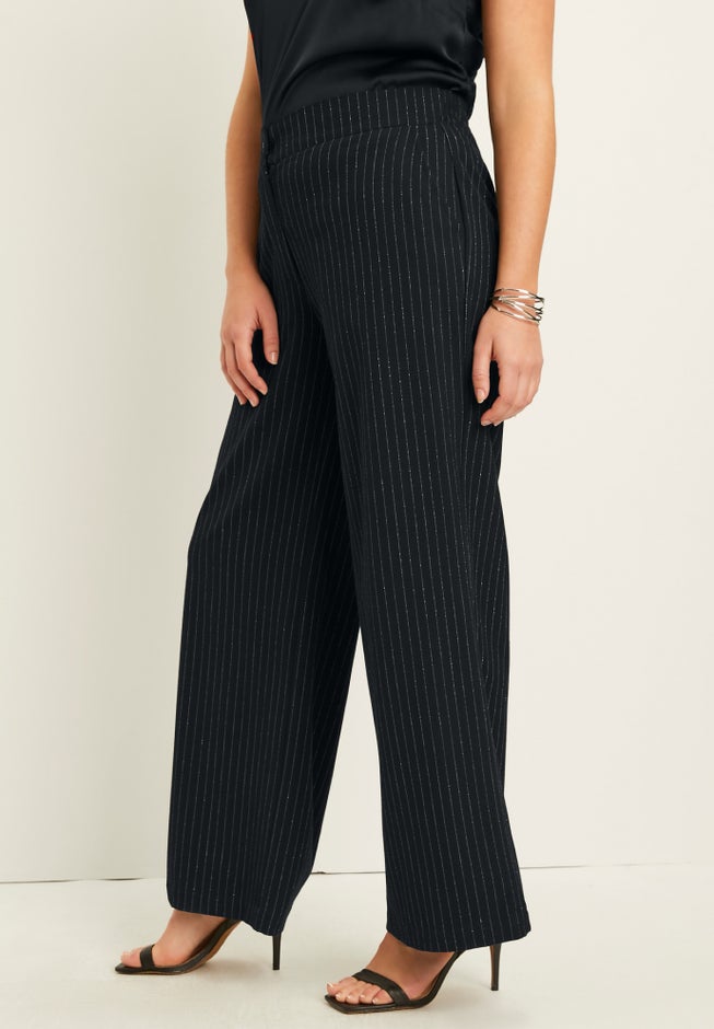 Metallic Pinstripe Curvie Fit Wide-Leg Pants image number null