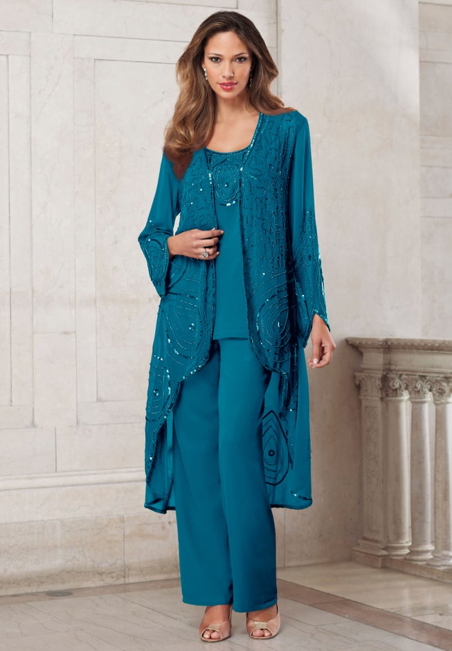 Plus Size Beaded Georgette 3-piece Pant Set – Formal Wear image number 0