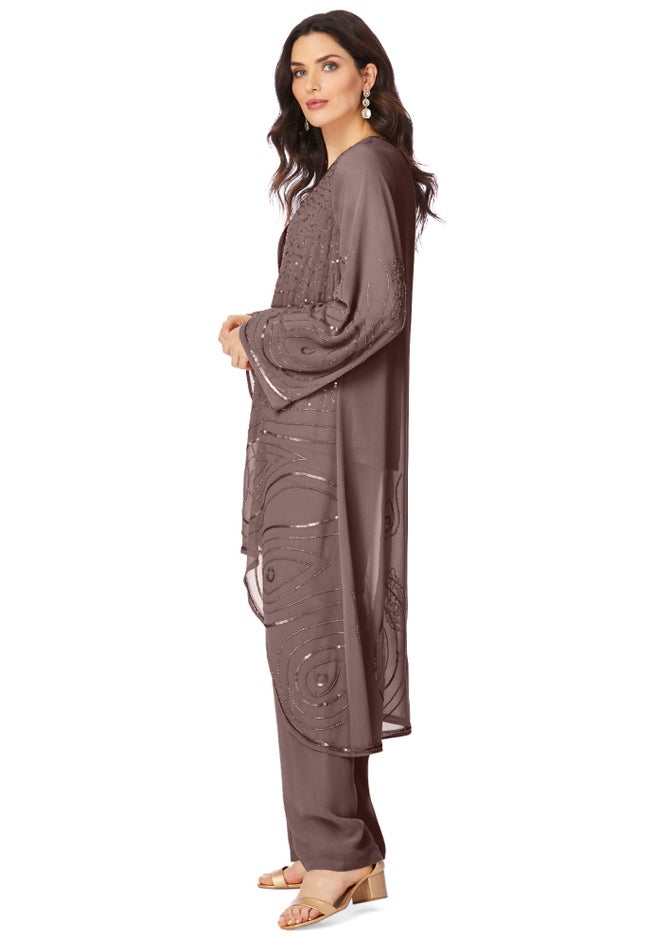 Plus Size Beaded Georgette Scoop Neck 3-Piece Pant Set image number 2