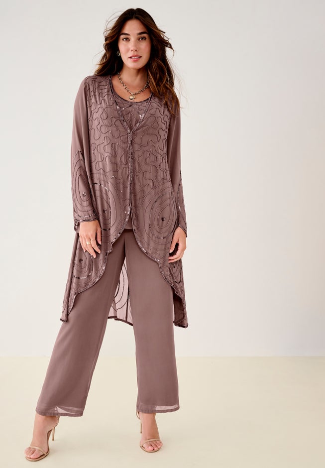 Plus Size Beaded Georgette 3-piece Pant Set &ndash; Formal Wear image number 4