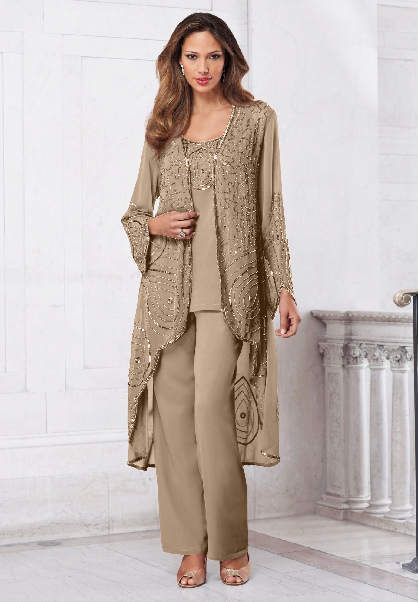 Plus Size Beaded Georgette 3-piece Pant Set – Formal Wear image number 0