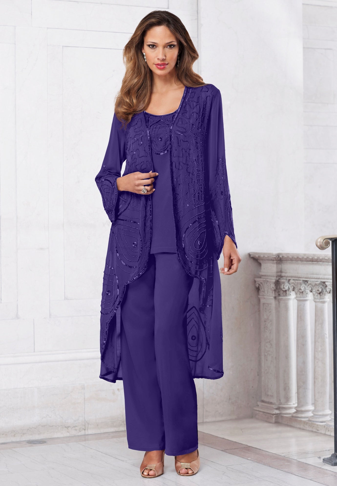 Plus Size Beaded Georgette 3-piece Pant Set – Formal Wear image number 0