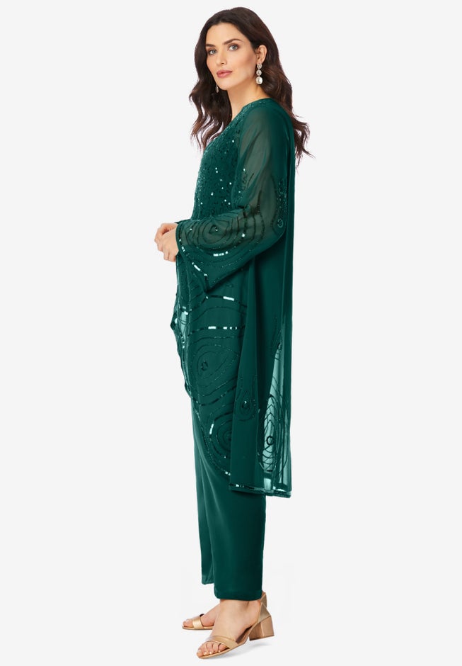 Plus Size Beaded Georgette 3-piece Pant Set – Formal Wear image number 2