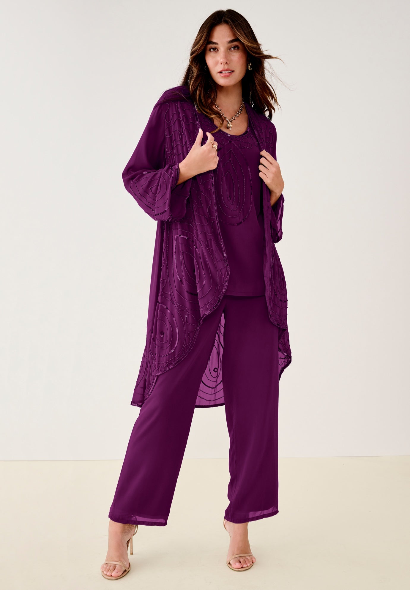 Plus Size Beaded Georgette Scoop Neck 3-Piece Pant Set image number 0