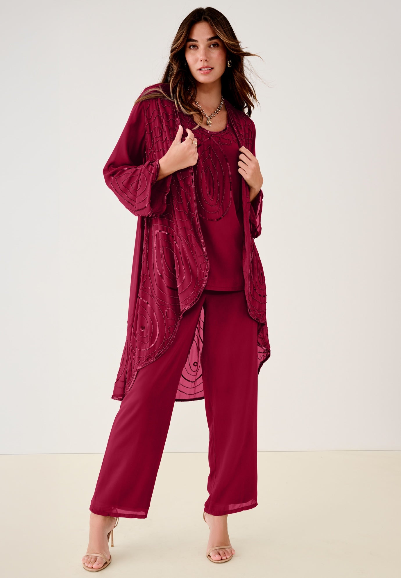 Plus Size Beaded Georgette 3-piece Pant Set &ndash; Formal Wear image number 0