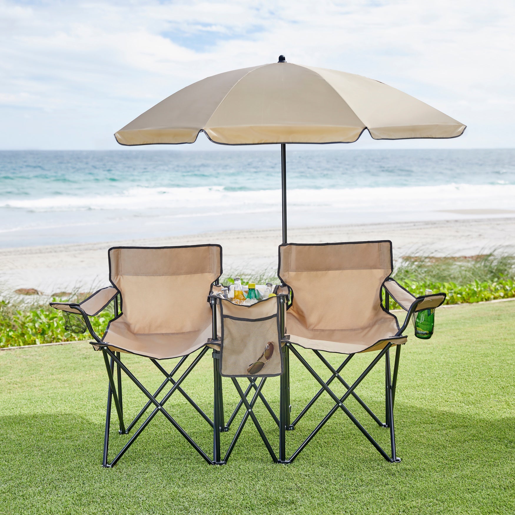 Twin Folding Picnic Chairs with Umbrella & Cooler image number 0