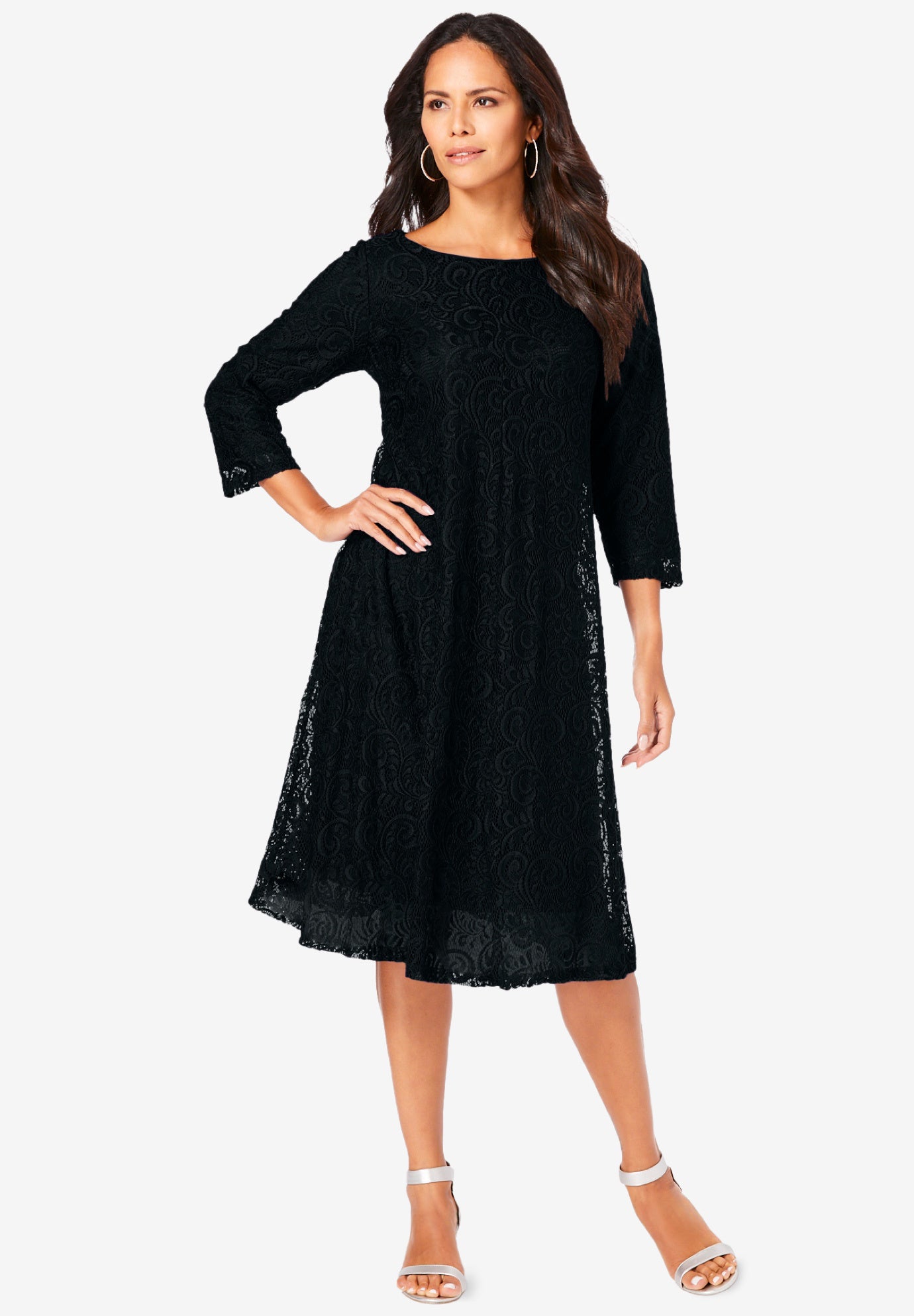 Plus-Size 3/4 Sleeve Boatneck Lace Swing Dress image number 0