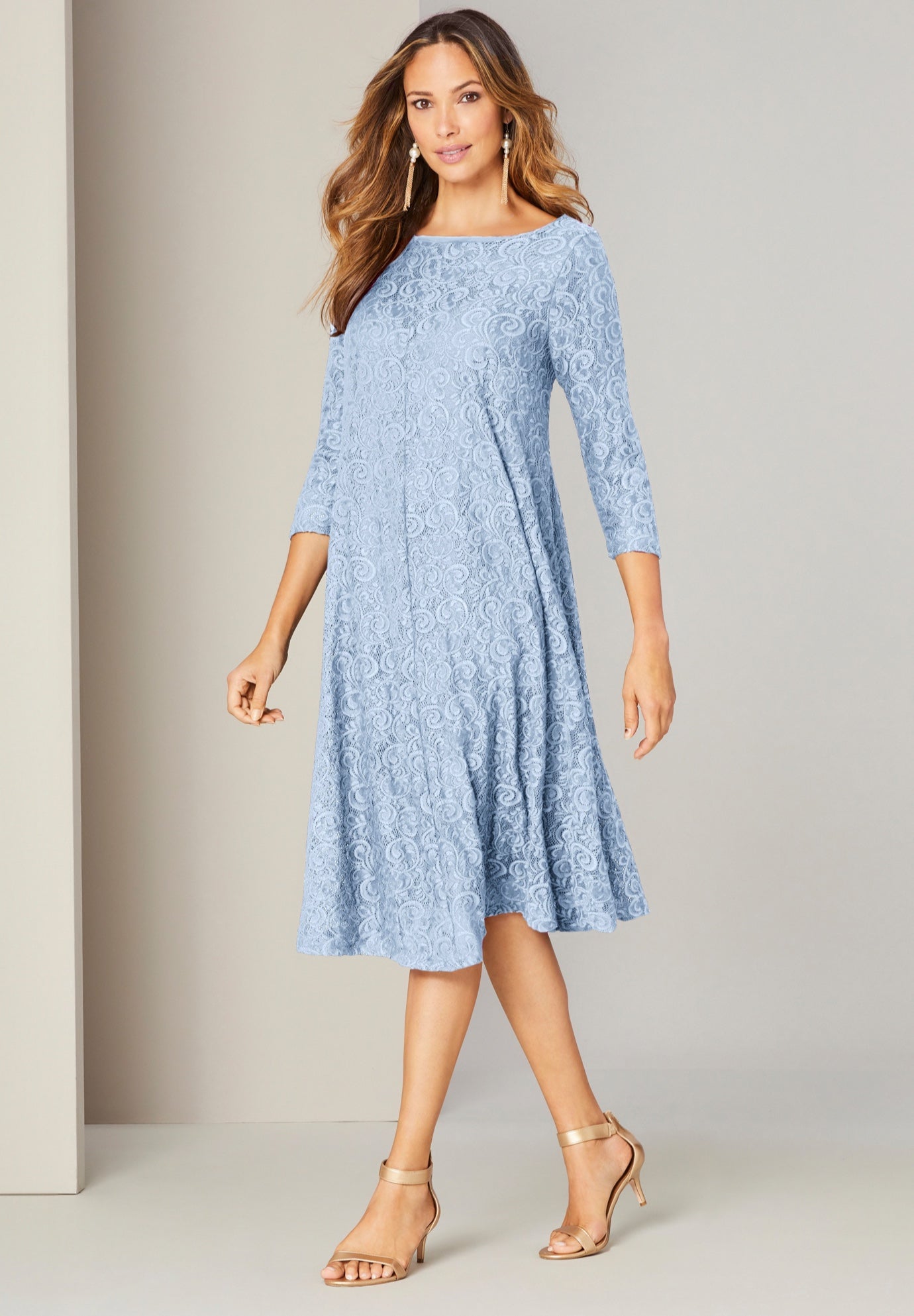 Plus-Size 3/4 Sleeve Boatneck Lace Swing Dress image number 0
