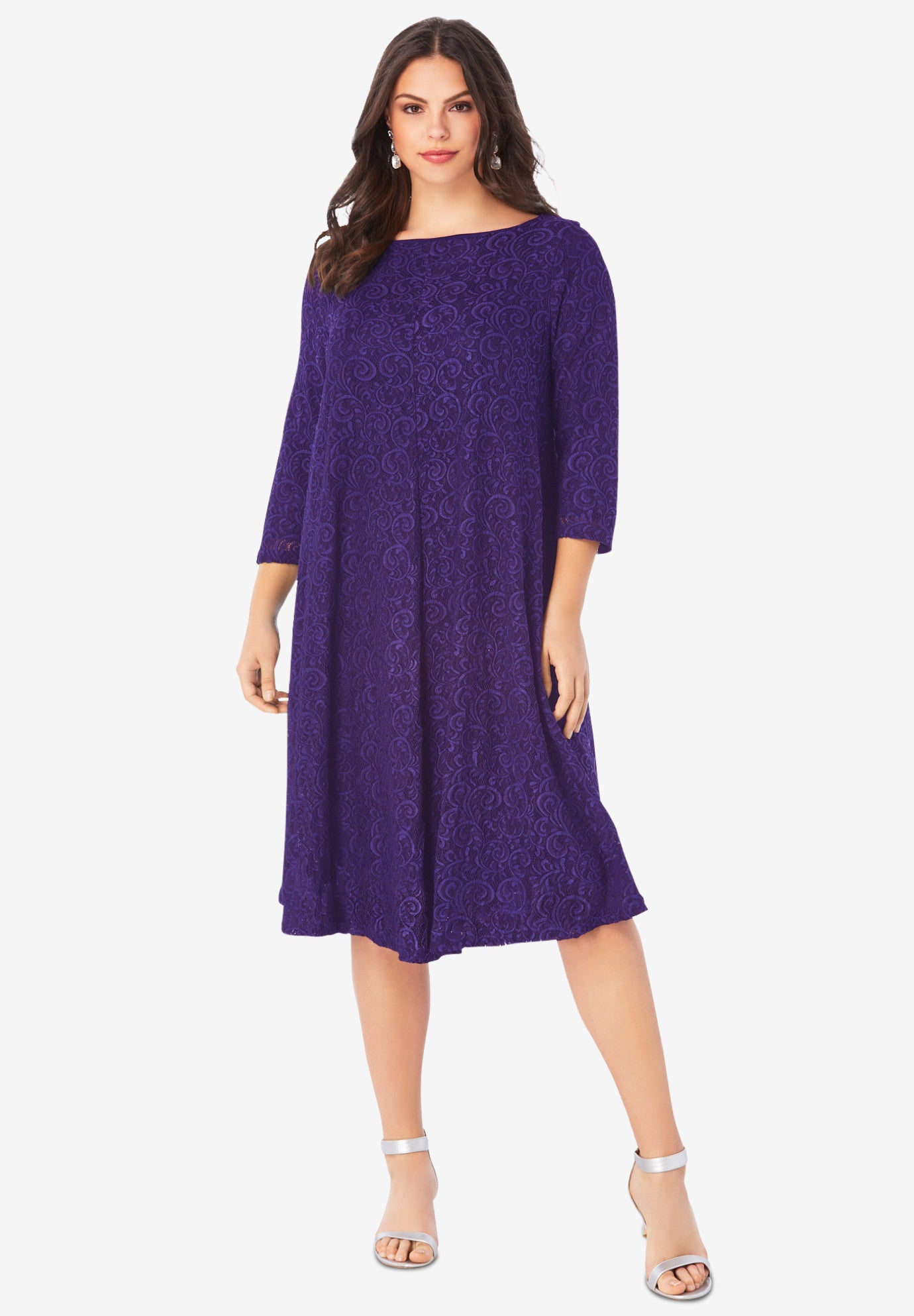 Plus-Size 3/4 Sleeve Boatneck Lace Swing Dress image number 0