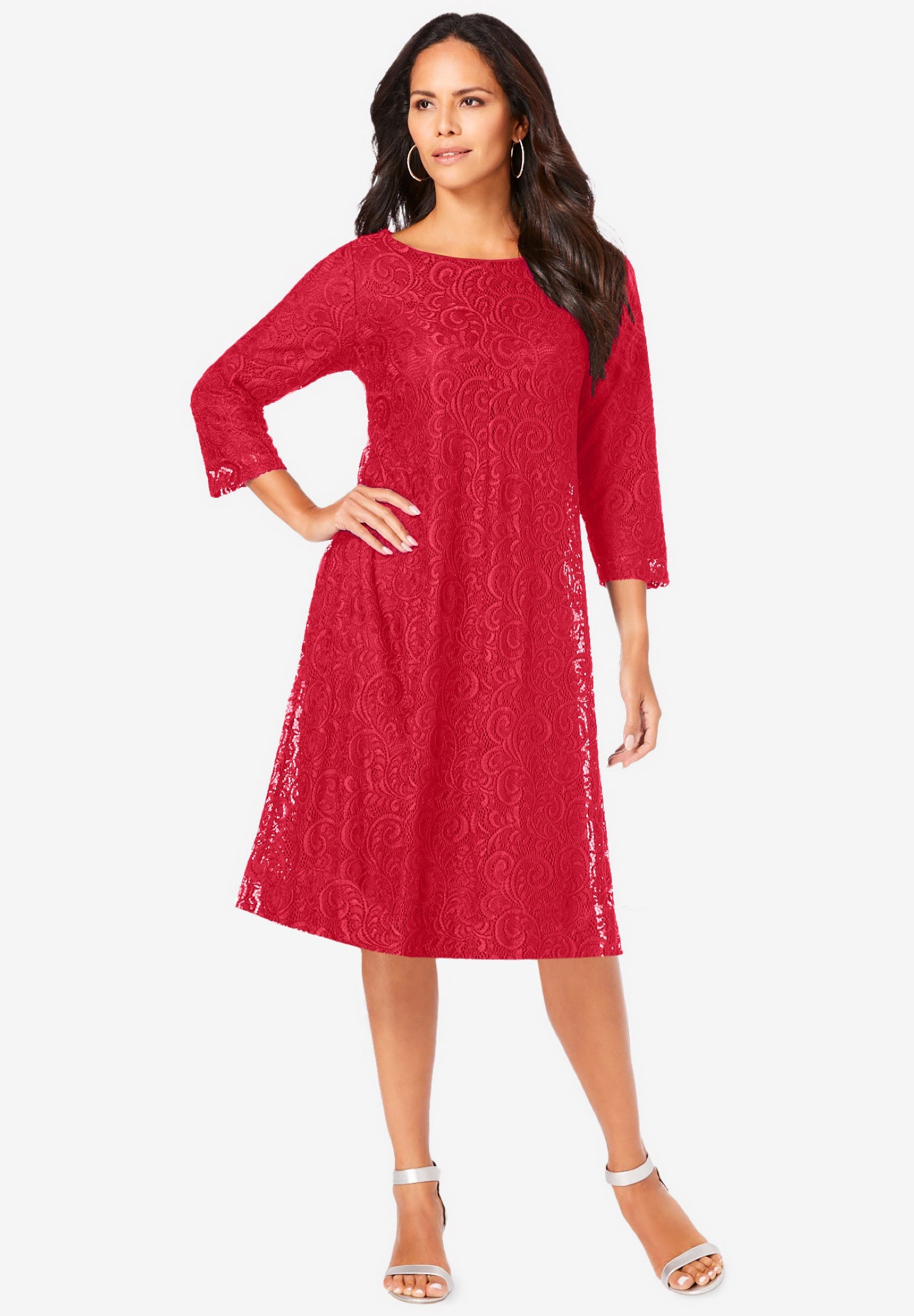 Plus-Size 3/4 Sleeve Boatneck Lace Swing Dress image number 0