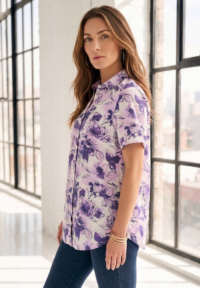 Plus Size Kate Short Sleeve Easy Cotton-Blend Button-Front Shirt image number 2