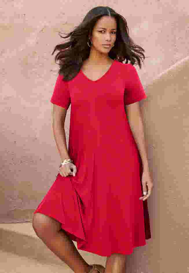 UltraSmooth™ Plus Size V-Neck Swing Dress – Soft Knit, Flattering Fit image number 0