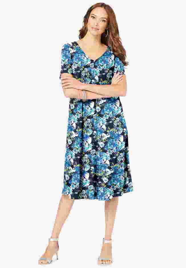 UltraSmooth™ Plus Size V-Neck Swing Dress – Soft Knit, Flattering Fit image number 1