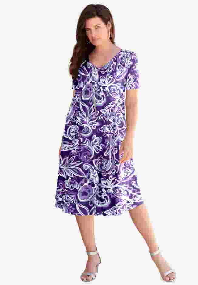 UltraSmooth™ Plus Size V-Neck Swing Dress – Soft Knit, Flattering Fit image number 1